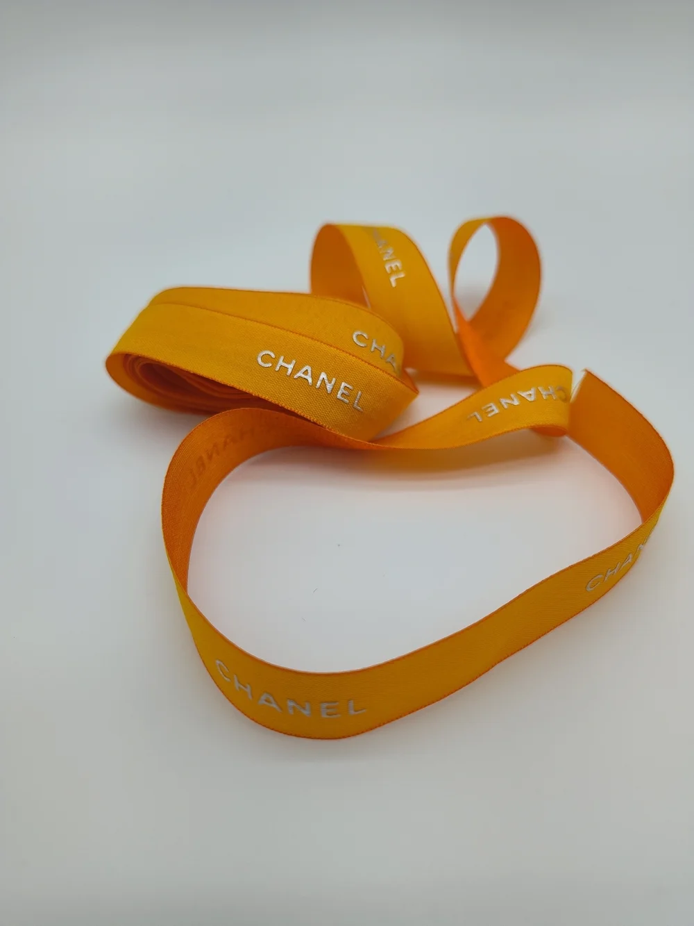CHANEL Marigold Orange Ribbon 3 Yards Luxury Gift Wrap Trim Iridescent Silver